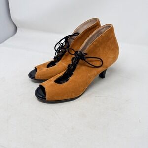 BeautiFeel Lace Up Peep Toe Suede Booties Tan 38 Ankle Boots Heel Witchy Artisan